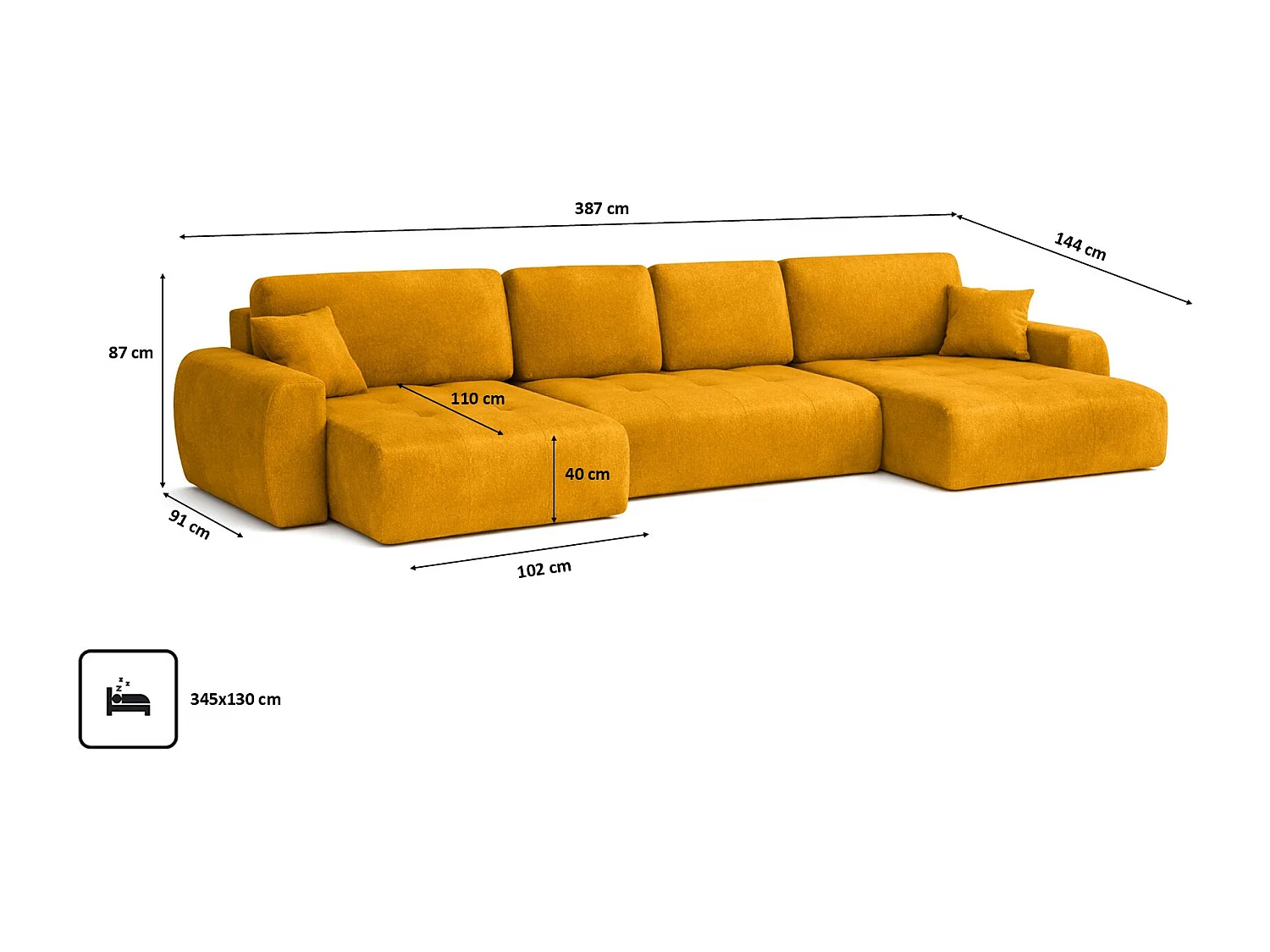 Canapé d’angle en U avec fonction couchage et coffre de rangement Ivo U XL, velours Salvador, Jaune