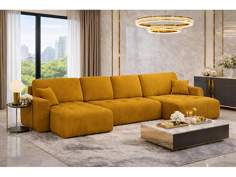 Canapé d’angle en U avec fonction couchage et coffre de rangement Ivo U, velours Salvador, Jaune