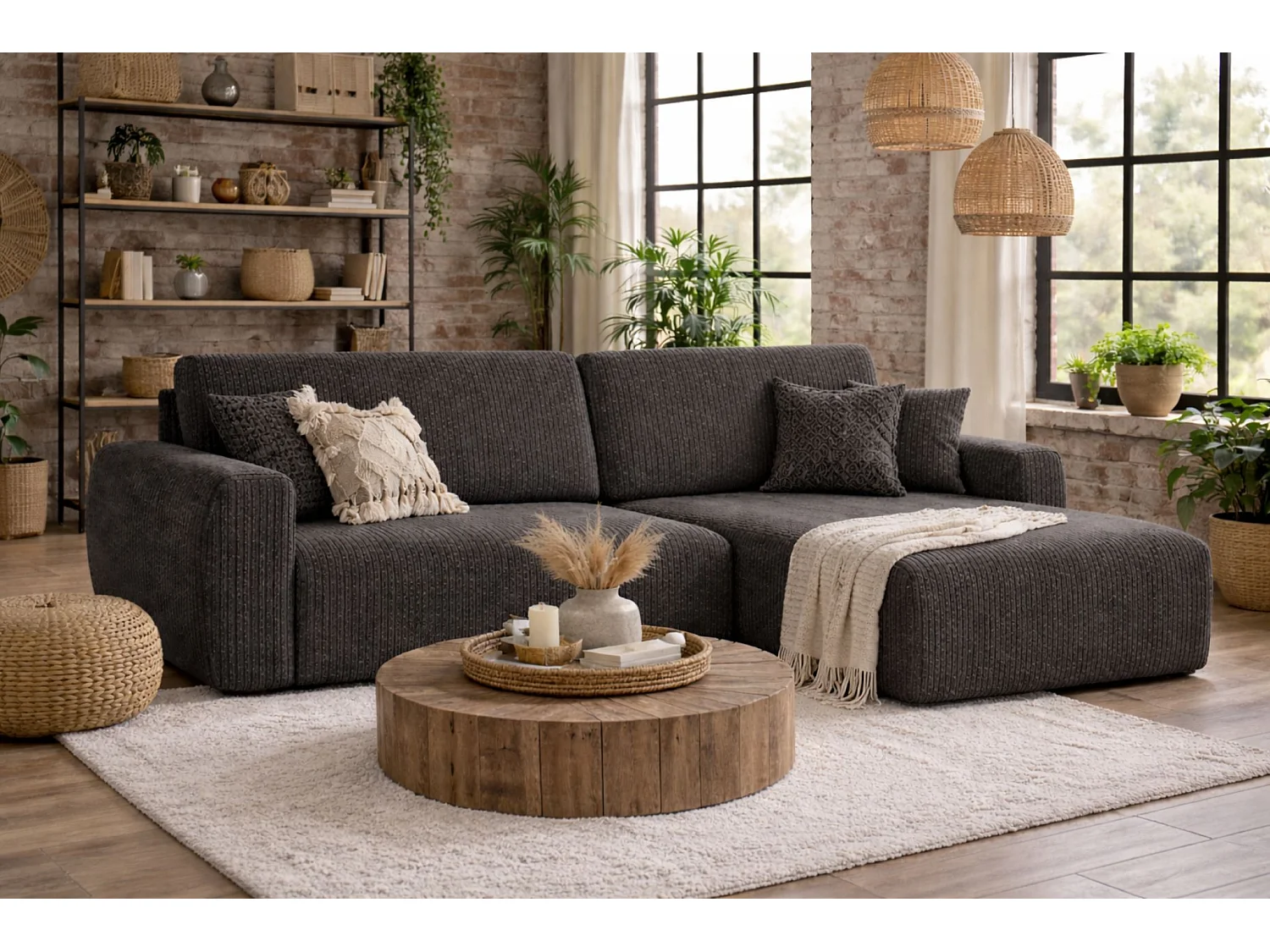 Hoekbank met slaapfunctie en opbergruimte Ariel L, corduroy stof, Poso stof, grijs, rechts