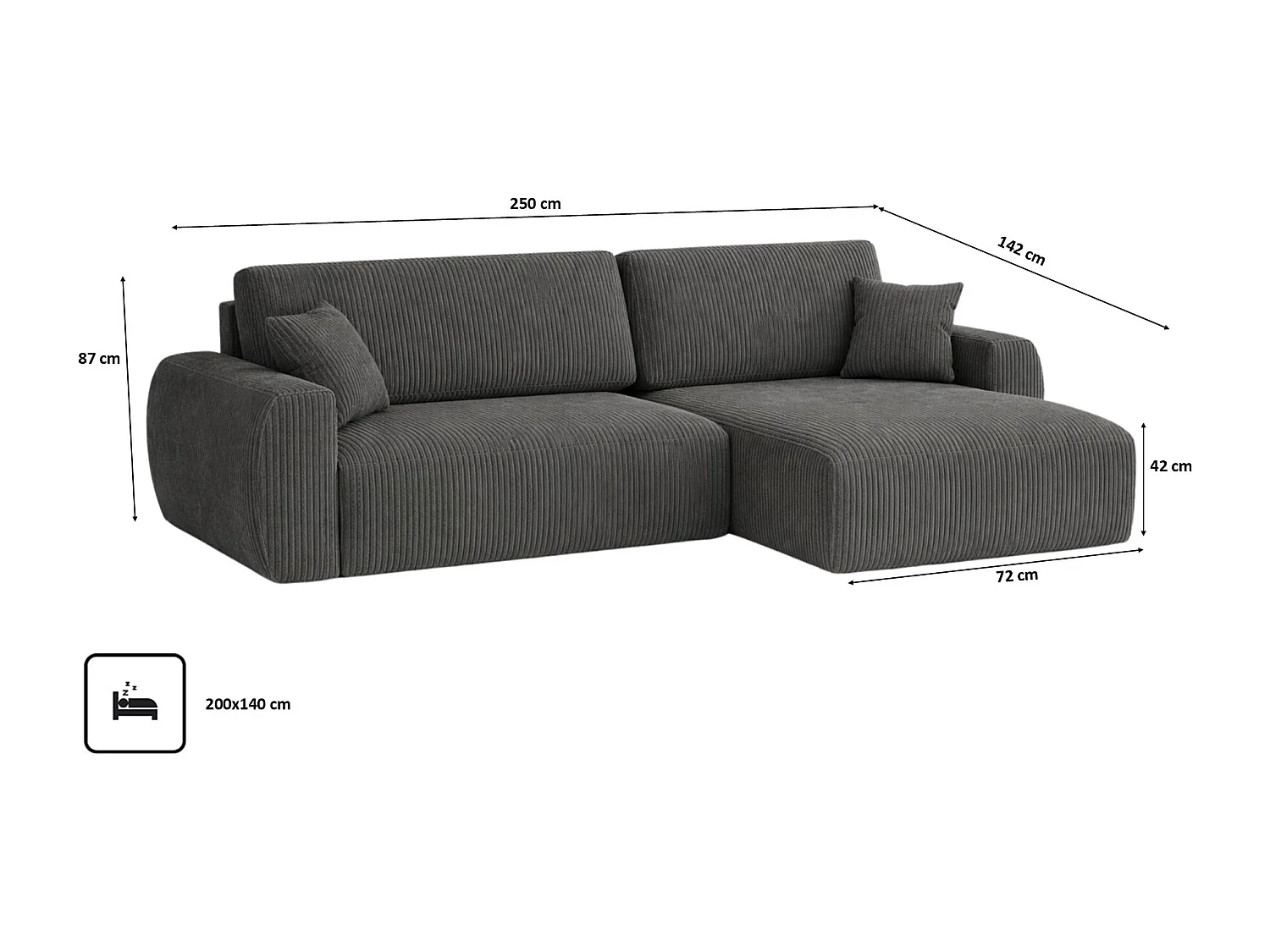 Hoekbank met slaapfunctie en opbergruimte Ariel L, corduroy stof, Poso stof, grijs, rechts