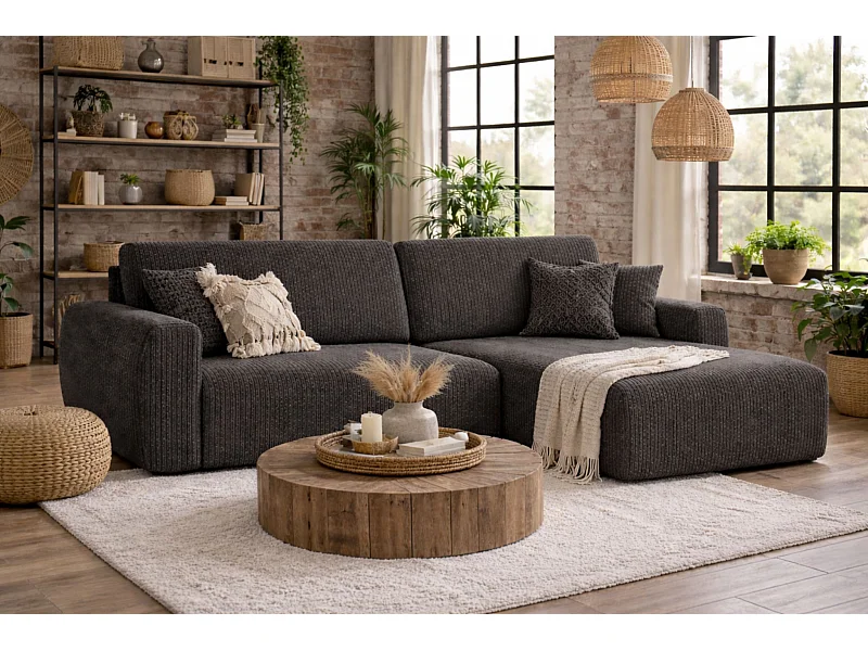 Ecksofa mit Schlaffunktion und Bettkasten Ariel L, Cordstoff, Stoff Poso, Grau, Rechts