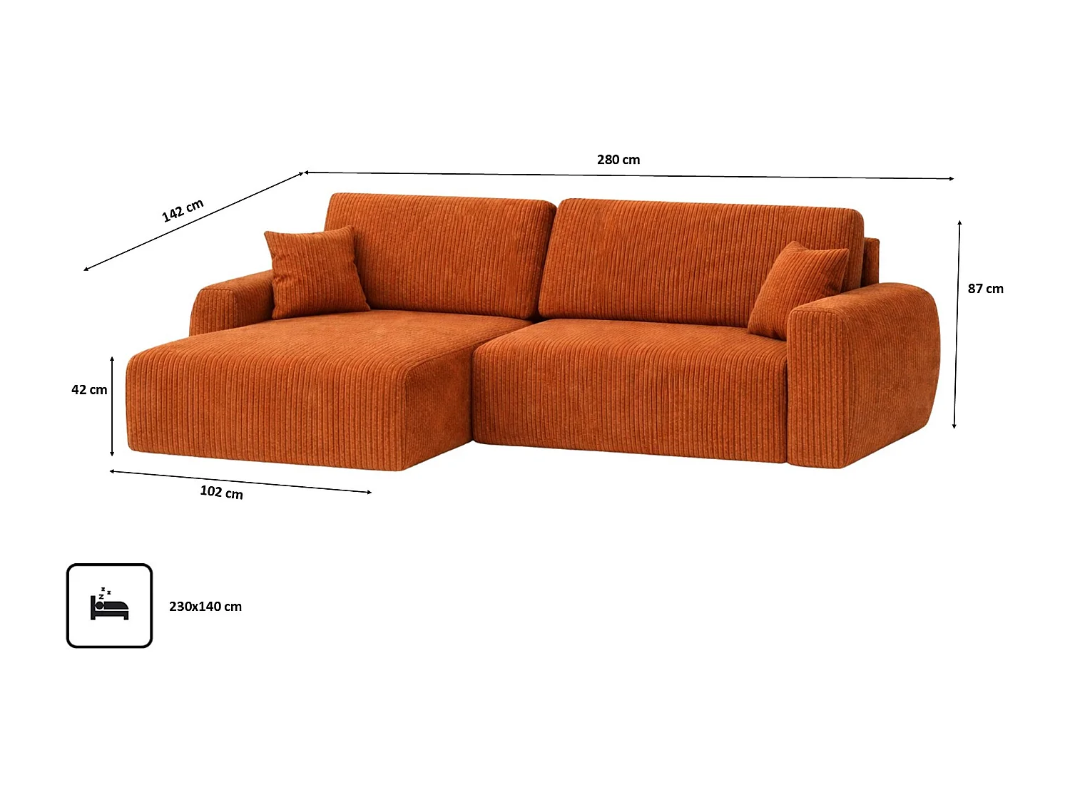 Divano angolare con funzione letto e vano contenitore, Ariel XL, tessuto velluto a coste, tessuto Poso, rame, lato sinistro