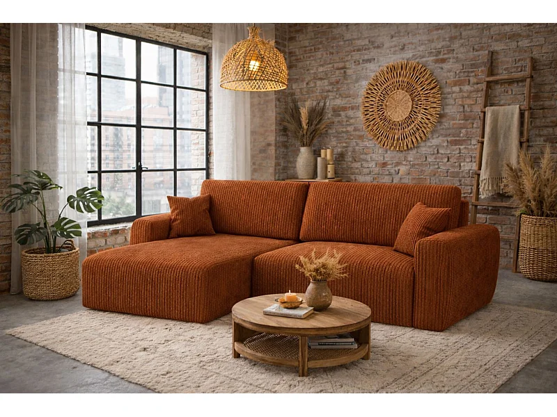 Divano angolare con funzione letto e vano contenitore, Ariel XL, tessuto velluto a coste, tessuto Poso, rame, lato sinistro