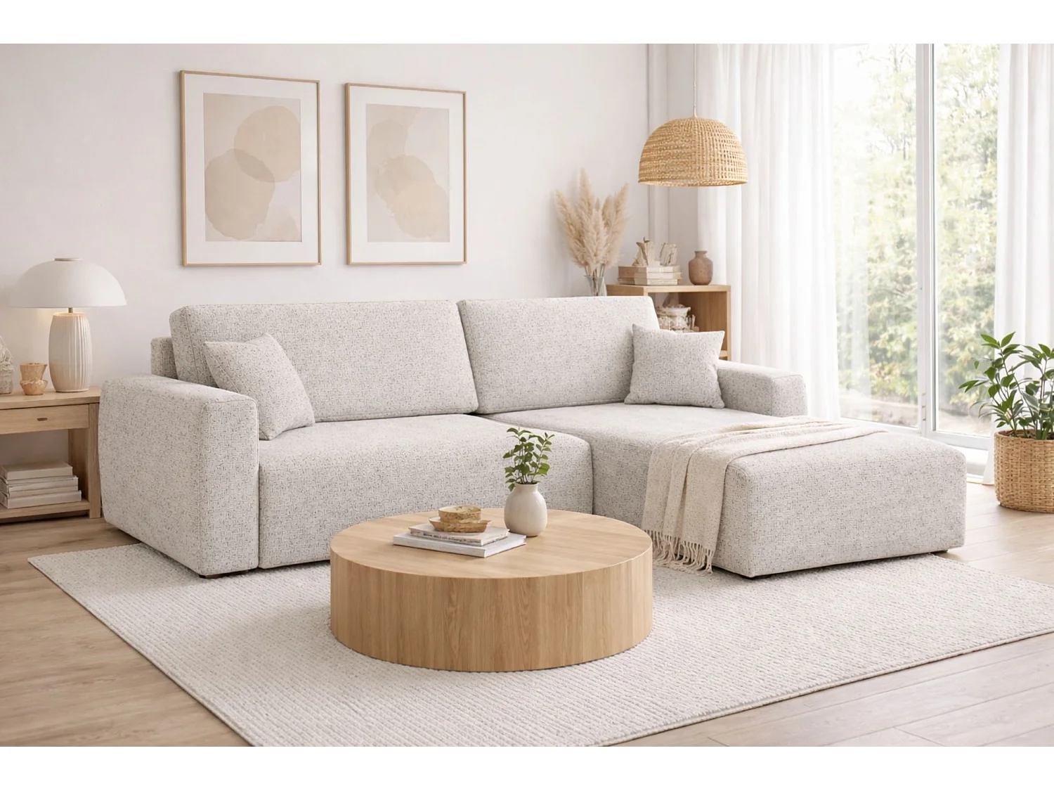 Canapé d'angle convertible avec coffre de rangement Ariel L, Chenille, tissu Artico, Nata, côté droit