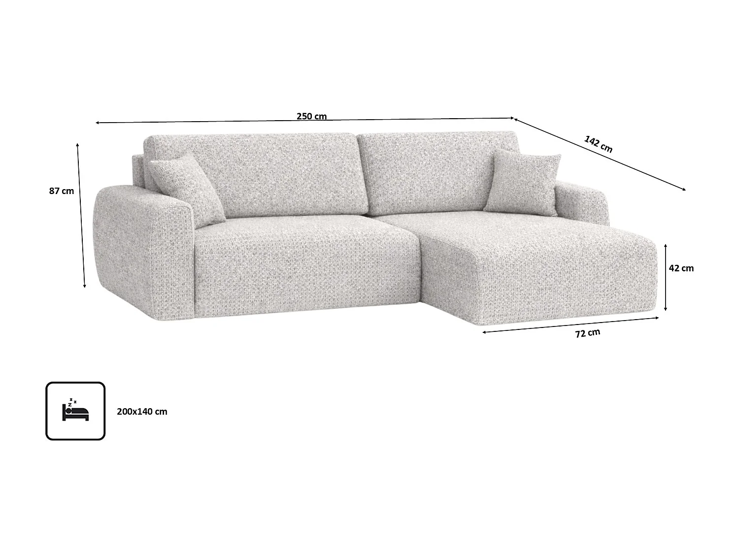 Canapé d'angle convertible avec coffre de rangement Ariel L, Chenille, tissu Artico, Nata, côté droit