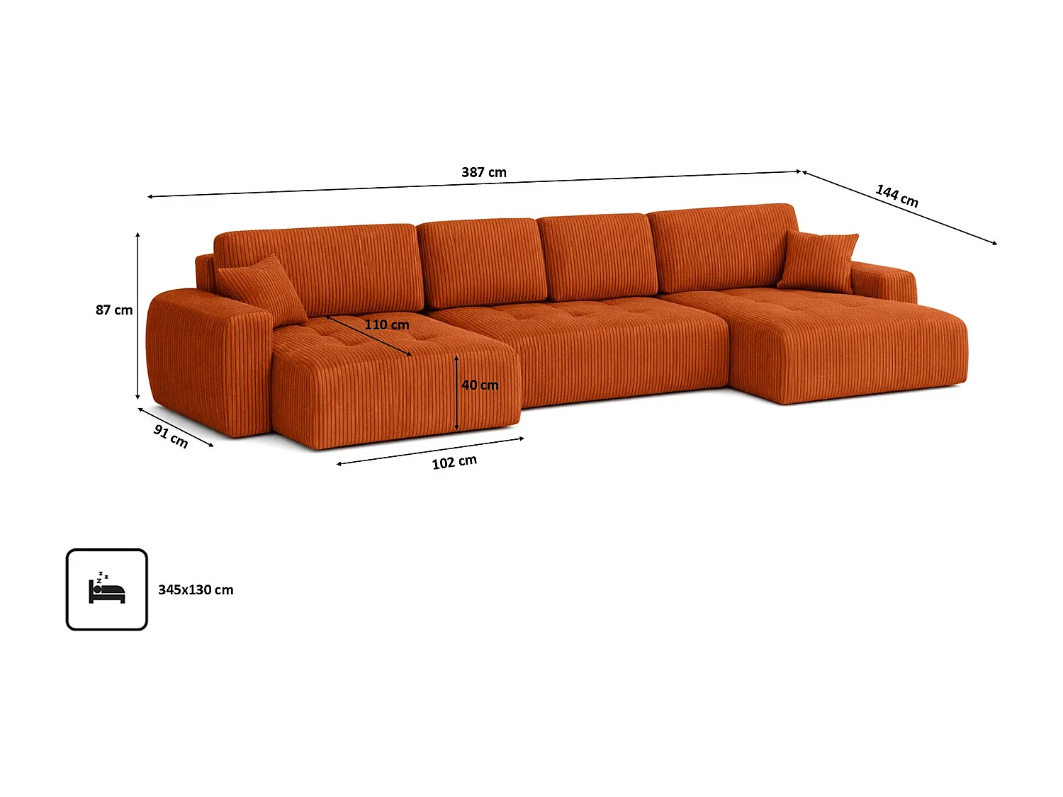Canapé d’angle en U avec fonction couchage et coffre de rangement Ivo U XL, velours côtelé Poso, Cuivre