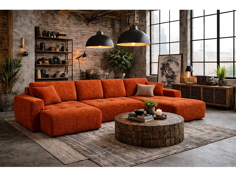 Canapé d’angle en U avec fonction couchage et coffre de rangement Ivo U, velours côtelé Poso, Cuivre