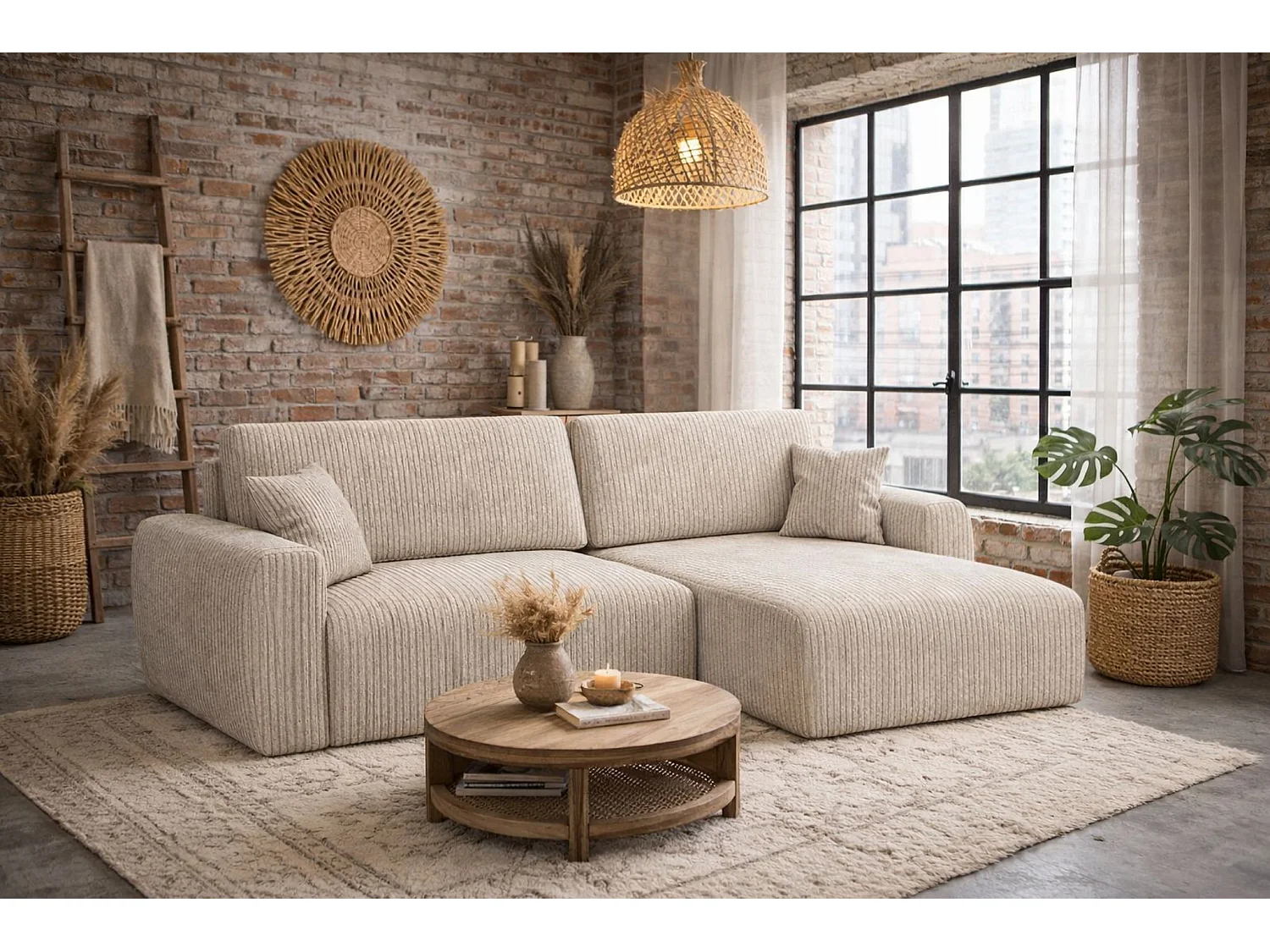 Hoekbank met slaapfunctie en opbergvak, Ariel XL, corduroy stof, Poso stof, donkerbeige, rechts