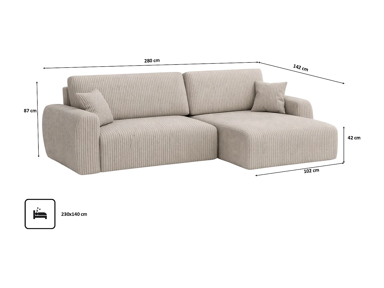 Hoekbank met slaapfunctie en opbergvak, Ariel XL, corduroy stof, Poso stof, donkerbeige, rechts