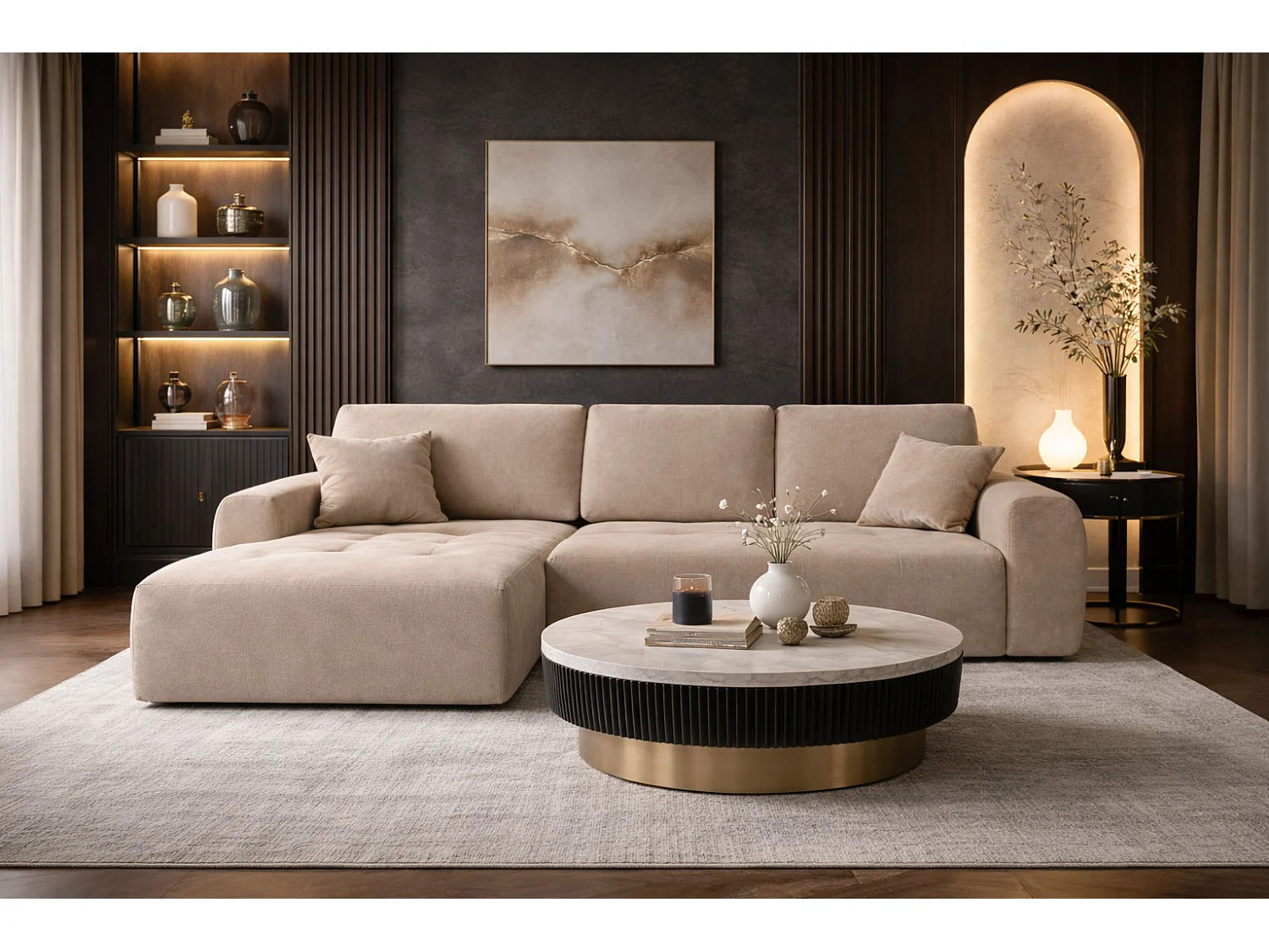 Hoekslaapbank met slaapfunctie en opbergruimte, L-vorm, Ivo XL, veloursstof Salvador, Beige, Links