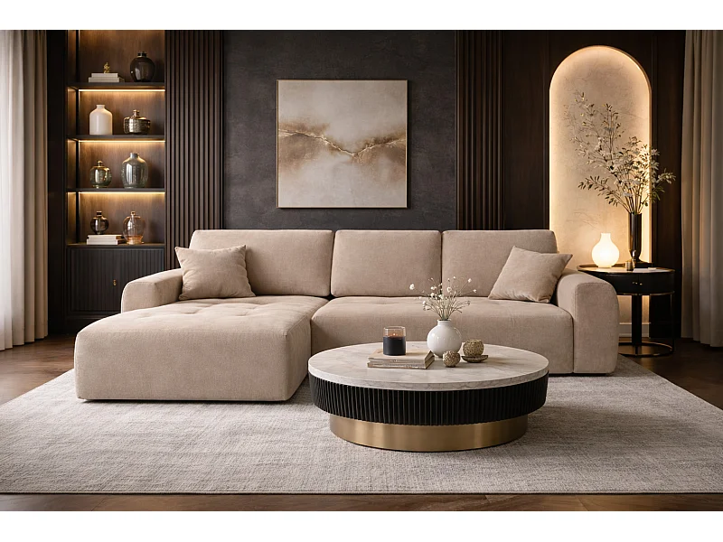 Ecksofa mit Schlaffunktion und Bettkasten L-Form Ivo XL, Veloursstoff Salvador, Beige, Links