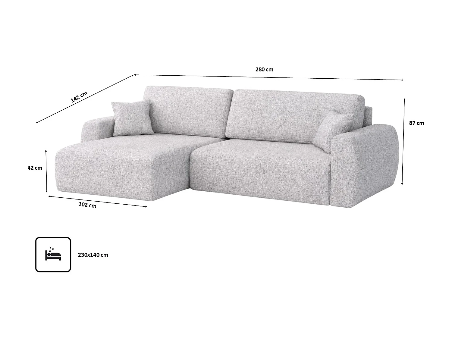 Hoekbank met slaapfunctie en opbergvak, Ariel XL, chenille stof, Artico stof, Cement, links