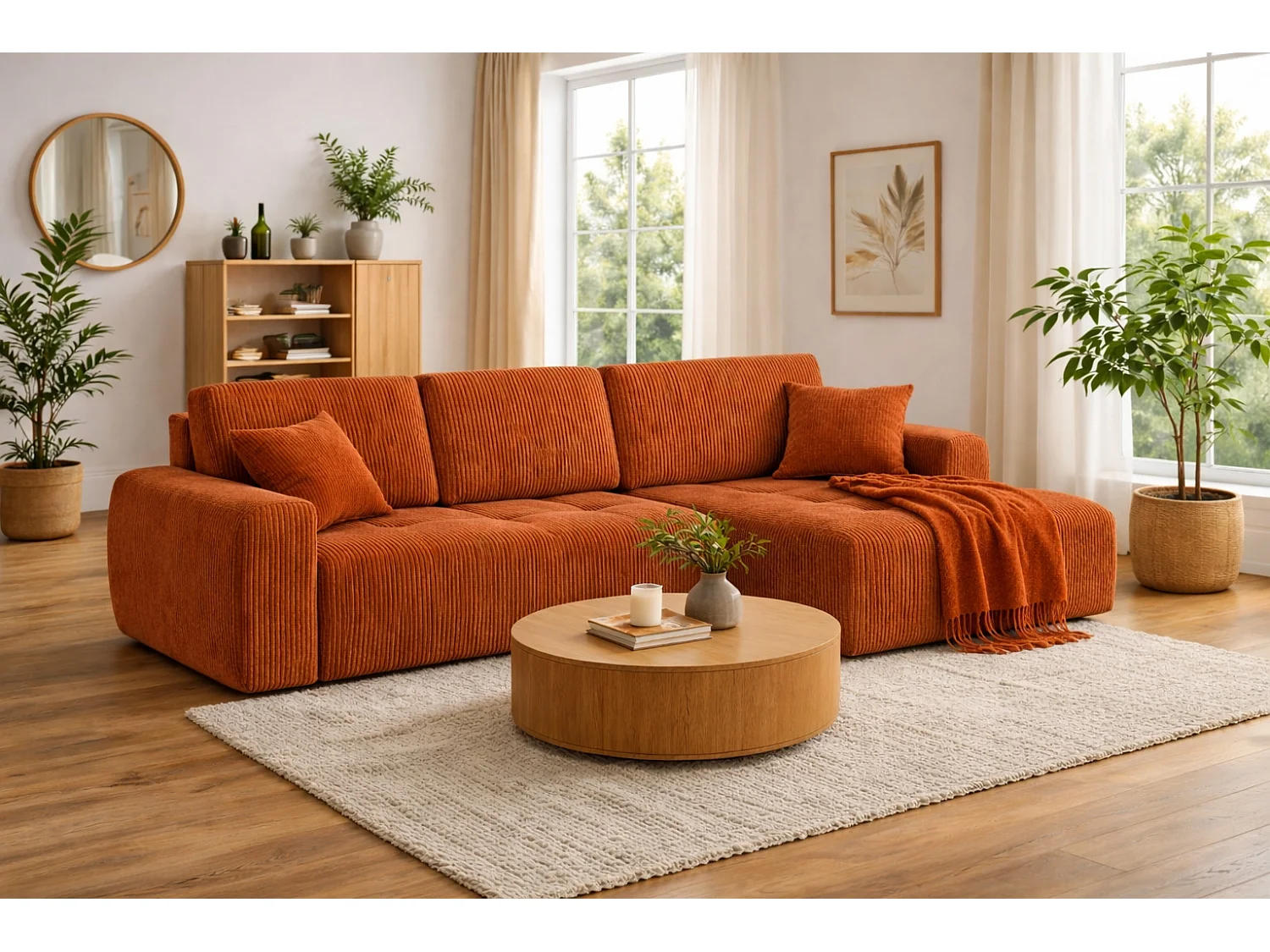 Divano angolare con funzione letto e contenitore a forma di L Ivo XL, tessuto a coste Poso, Rame, Destra