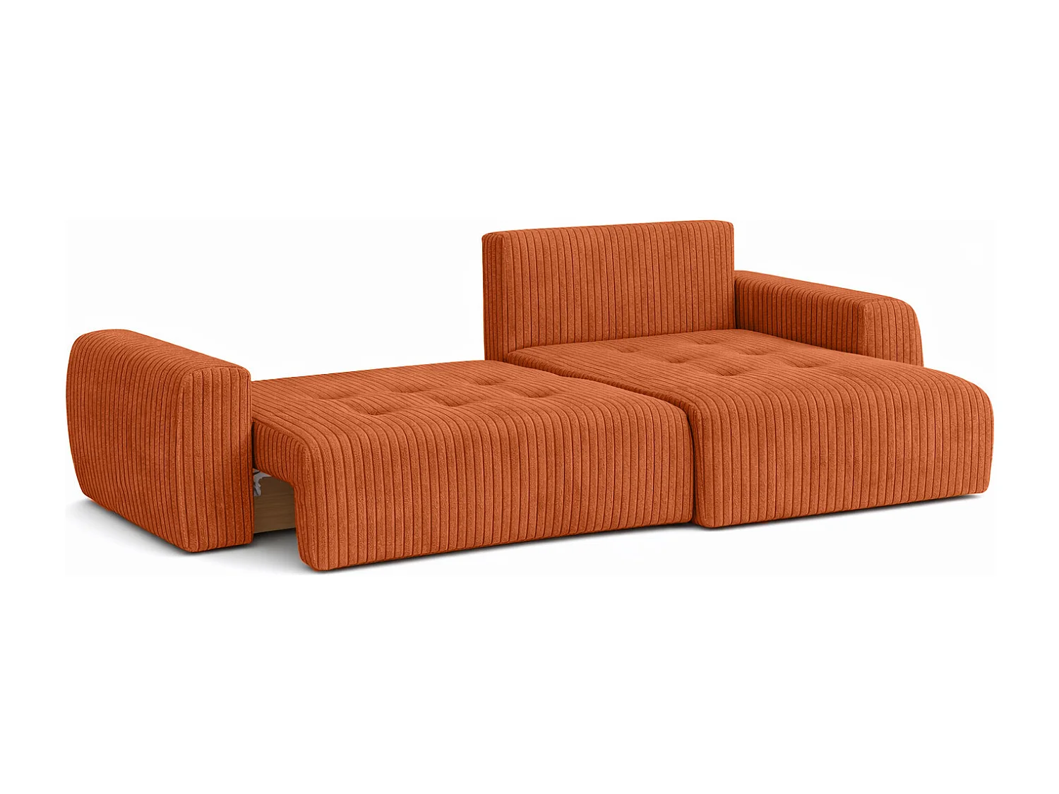 Divano angolare con funzione letto e contenitore a forma di L Ivo XL, tessuto a coste Poso, Rame, Destra