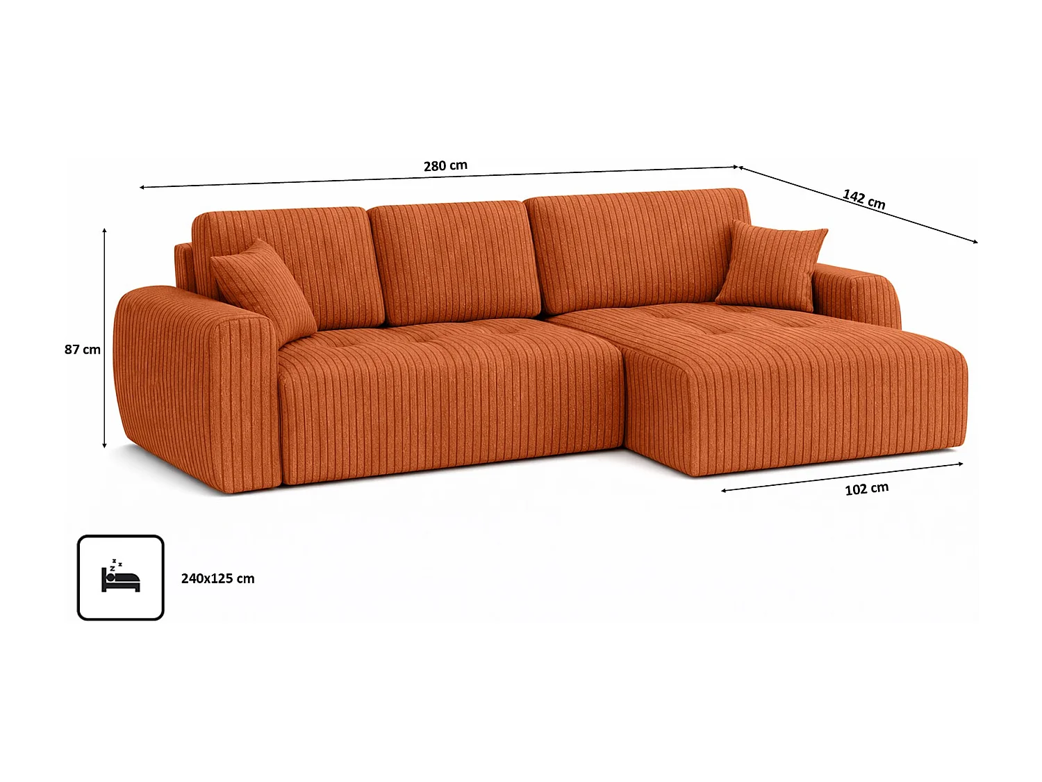 Divano angolare con funzione letto e contenitore a forma di L Ivo XL, tessuto a coste Poso, Rame, Destra