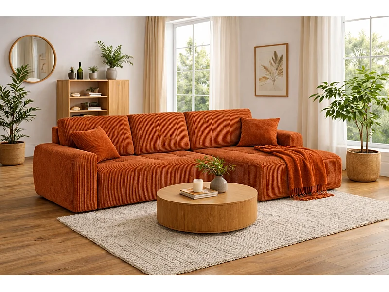 Divano angolare con funzione letto e contenitore a forma di L Ivo XL, tessuto a coste Poso, Rame, Destra