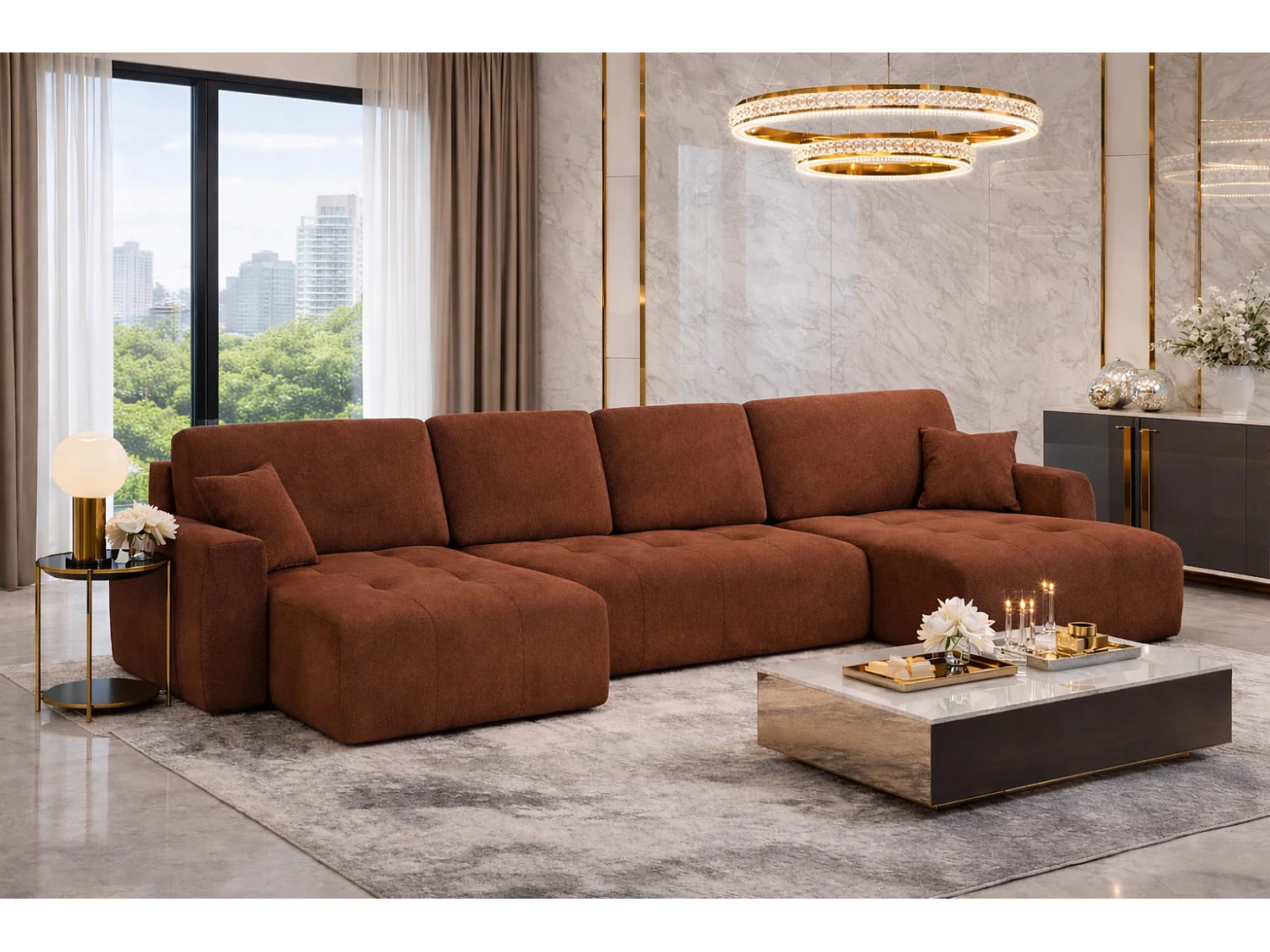 Canapé d’angle en U avec fonction couchage et coffre de rangement Ivo U XL, velours Salvador, Marron foncé