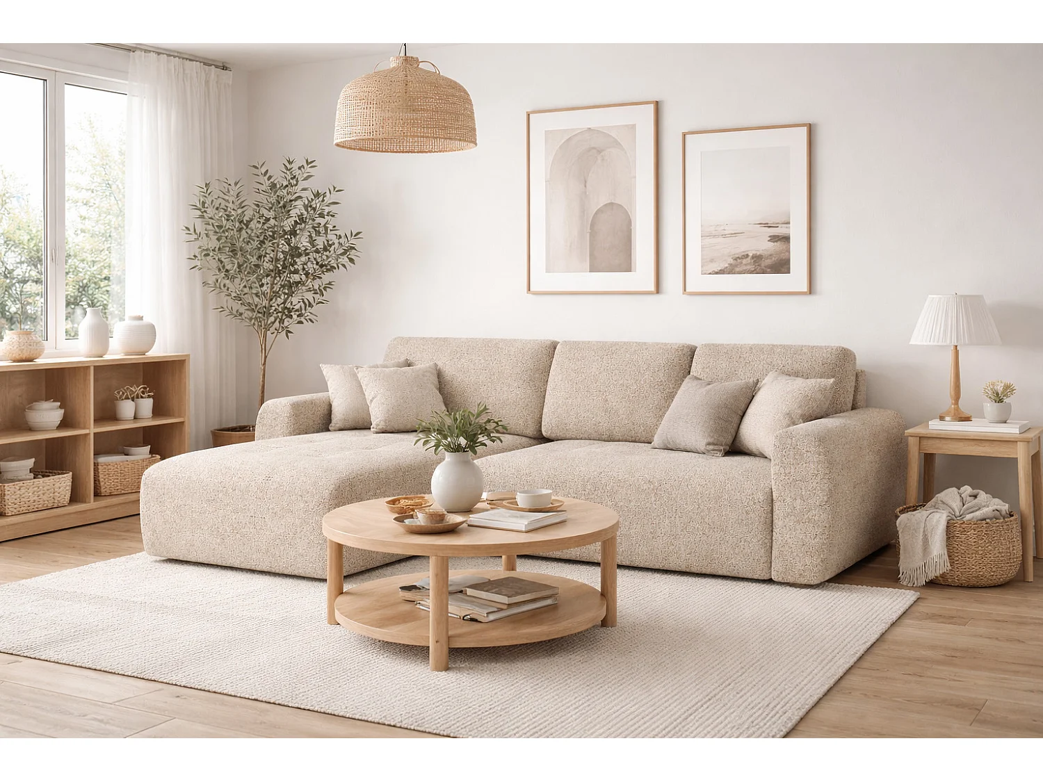 Divano angolare con funzione letto e contenitore a forma di L Ivo L, tessuto chenille Artico, Beige, Sinistra