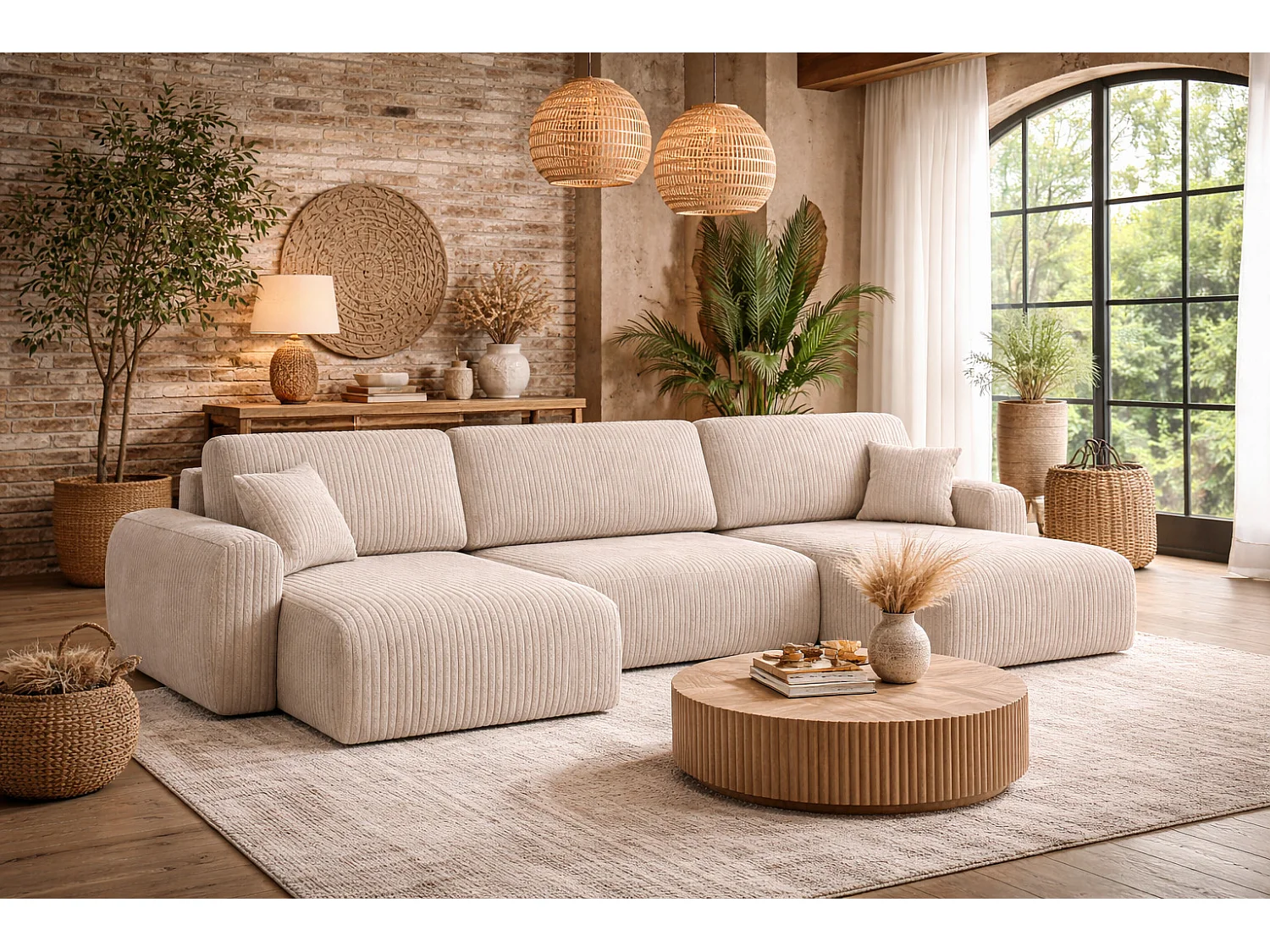 Hoekbank in U-vorm met slaapfunctie en opbergruimte Ivo U, ribfluweel Poso, Beige