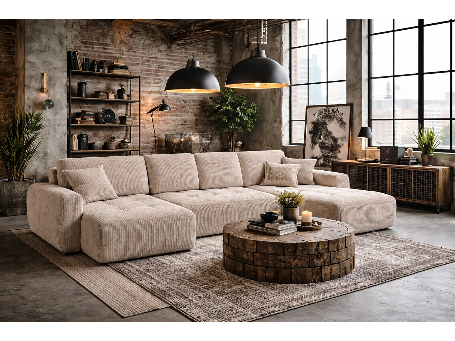 Canapé d’angle en U avec fonction couchage et coffre de rangement Ivo U, velours côtelé Poso, Beige