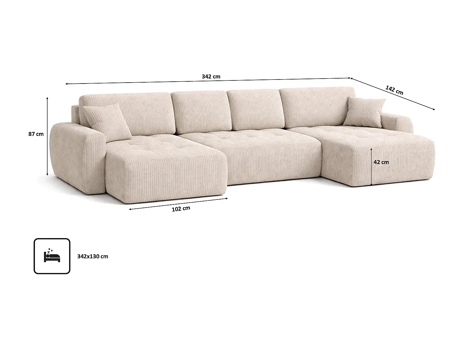 Canapé d’angle en U avec fonction couchage et coffre de rangement Ivo U, velours côtelé Poso, Beige