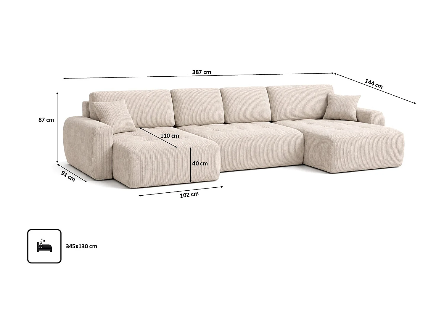 Canapé d’angle en U avec fonction couchage et coffre de rangement Ivo U XL, velours côtelé Poso, Beige