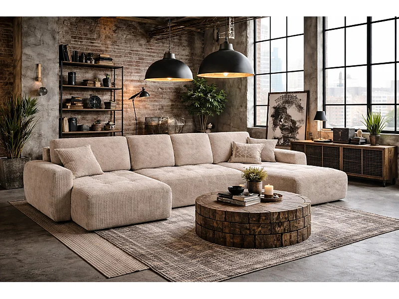 Canapé d’angle en U avec fonction couchage et coffre de rangement Ivo U, velours côtelé Poso, Beige