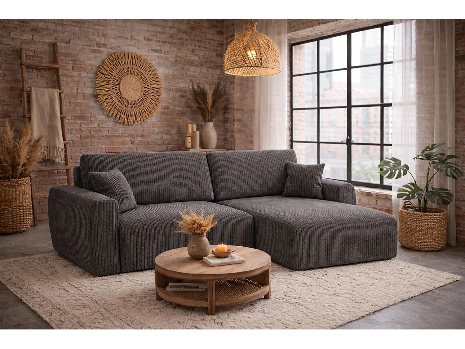 Divano angolare con funzione letto e vano contenitore, Ariel XL, tessuto velluto a coste, tessuto Poso, grigio, lato destro