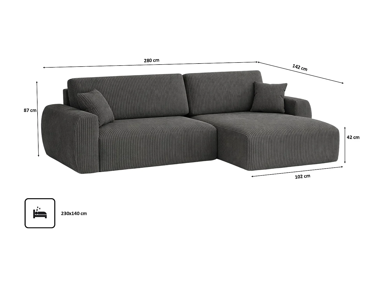 Divano angolare con funzione letto e vano contenitore, Ariel XL, tessuto velluto a coste, tessuto Poso, grigio, lato destro