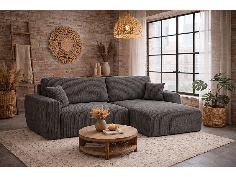 Ecksofa mit Schlaffunktion und Bettkasten, Ariel XL, Cordstoff, Stoff Poso, Grau, Rechts