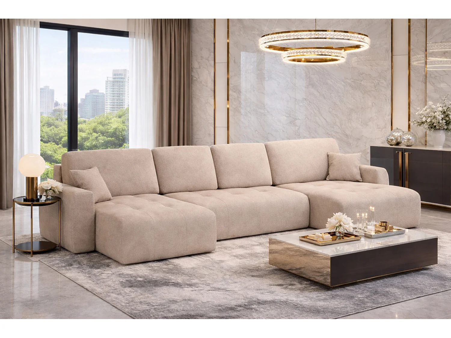 Canapé d’angle en U avec fonction couchage et coffre de rangement Ivo U XL, velours Salvador, Beige