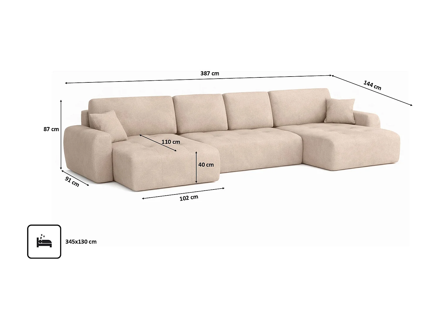 Canapé d’angle en U avec fonction couchage et coffre de rangement Ivo U XL, velours Salvador, Beige