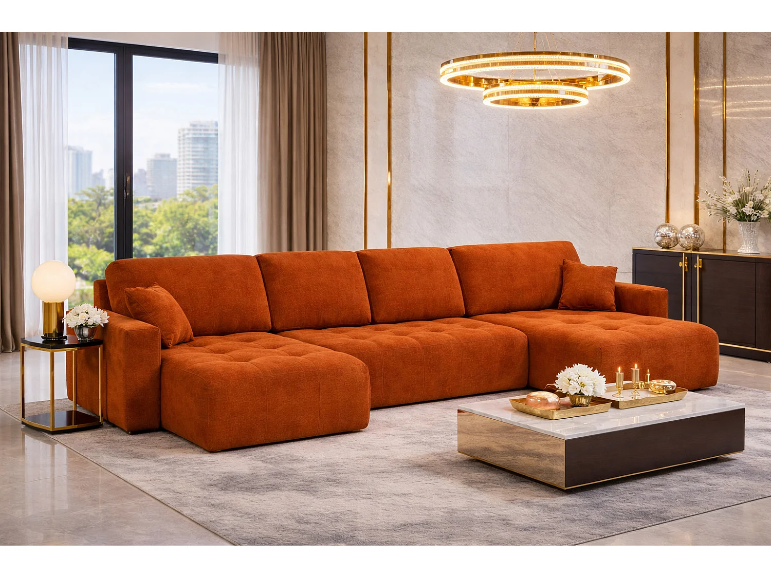 Canapé d’angle en U avec fonction couchage et coffre de rangement Ivo U XL, velours Salvador, Marron