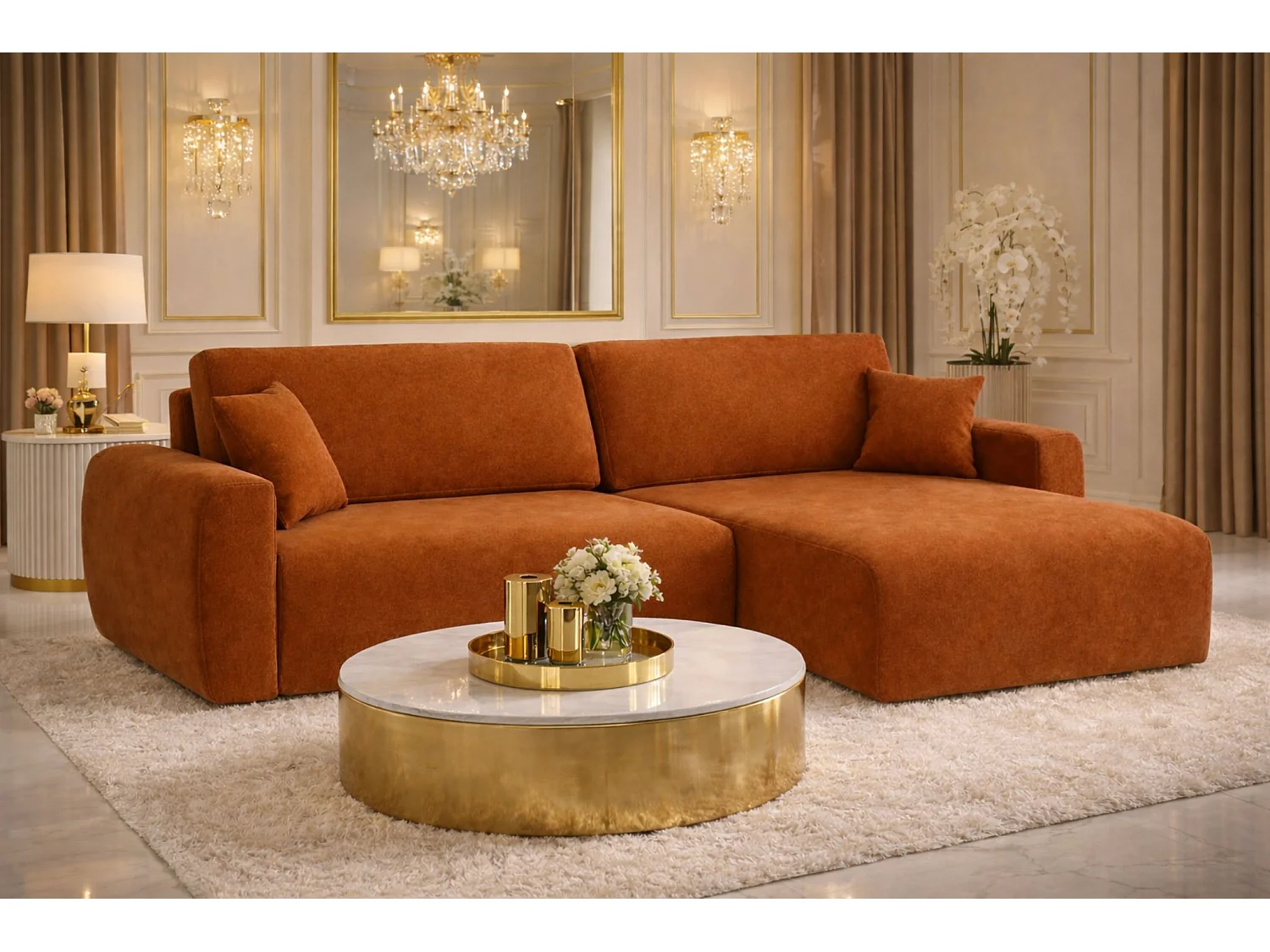 Canapé d'angle convertible avec coffre de rangement Ariel L, velours, tissu Salvador, marron, côté droit