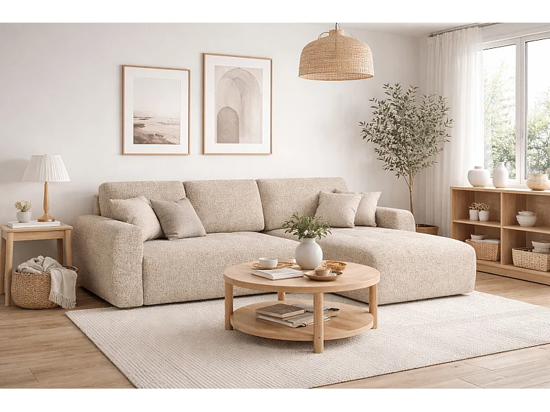 Canapé d’angle avec fonction couchage et coffre de rangement en forme de L Ivo L, tissu chenille Artico, Beige, Droite