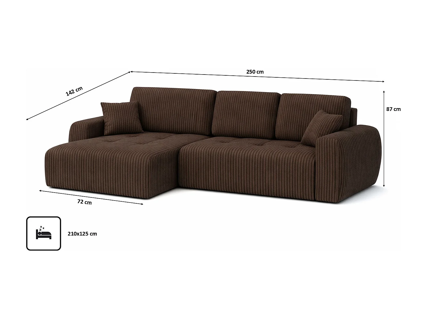 Divano angolare con funzione letto e contenitore a forma di L Ivo L, tessuto a coste Poso, Marrone, Sinistra