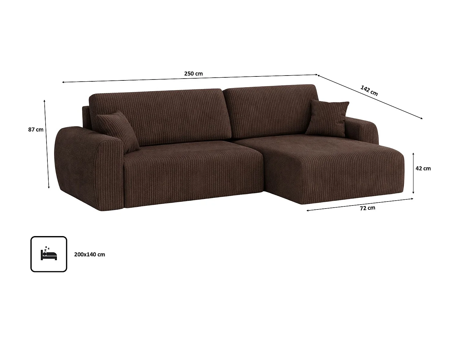 Hoekbank met slaapfunctie en opbergruimte Ariel L, corduroy stof, Poso stof, bruin, rechts