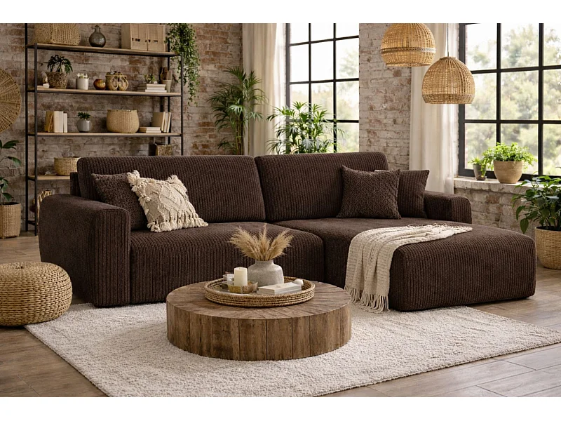 Hoekbank met slaapfunctie en opbergruimte Ariel L, corduroy stof, Poso stof, bruin, rechts