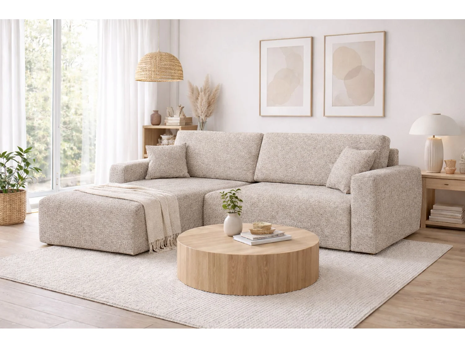 Canapé d'angle convertible avec coffre de rangement Ariel L, Chenille, tissu Artico, Beige, côté gauche