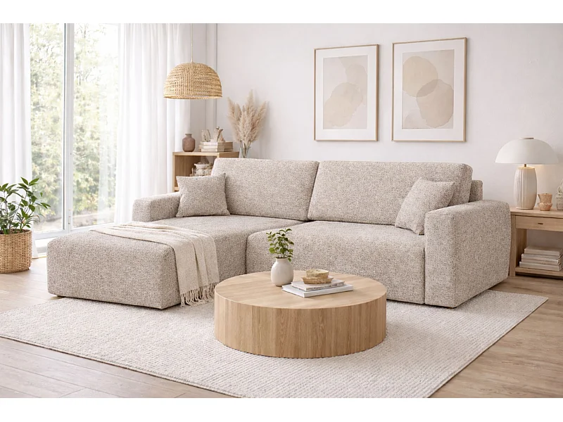 Hoekbank met slaapfunctie en opbergruimte Ariel L, chenille stof, Artico stof, Beige, links