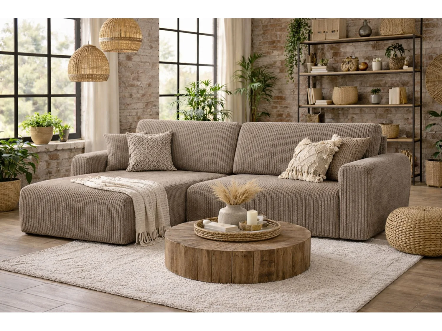 Canapé d'angle convertible avec coffre de rangement Ariel L, tissu côtelé, tissu Poso, beige foncé, côté gauche