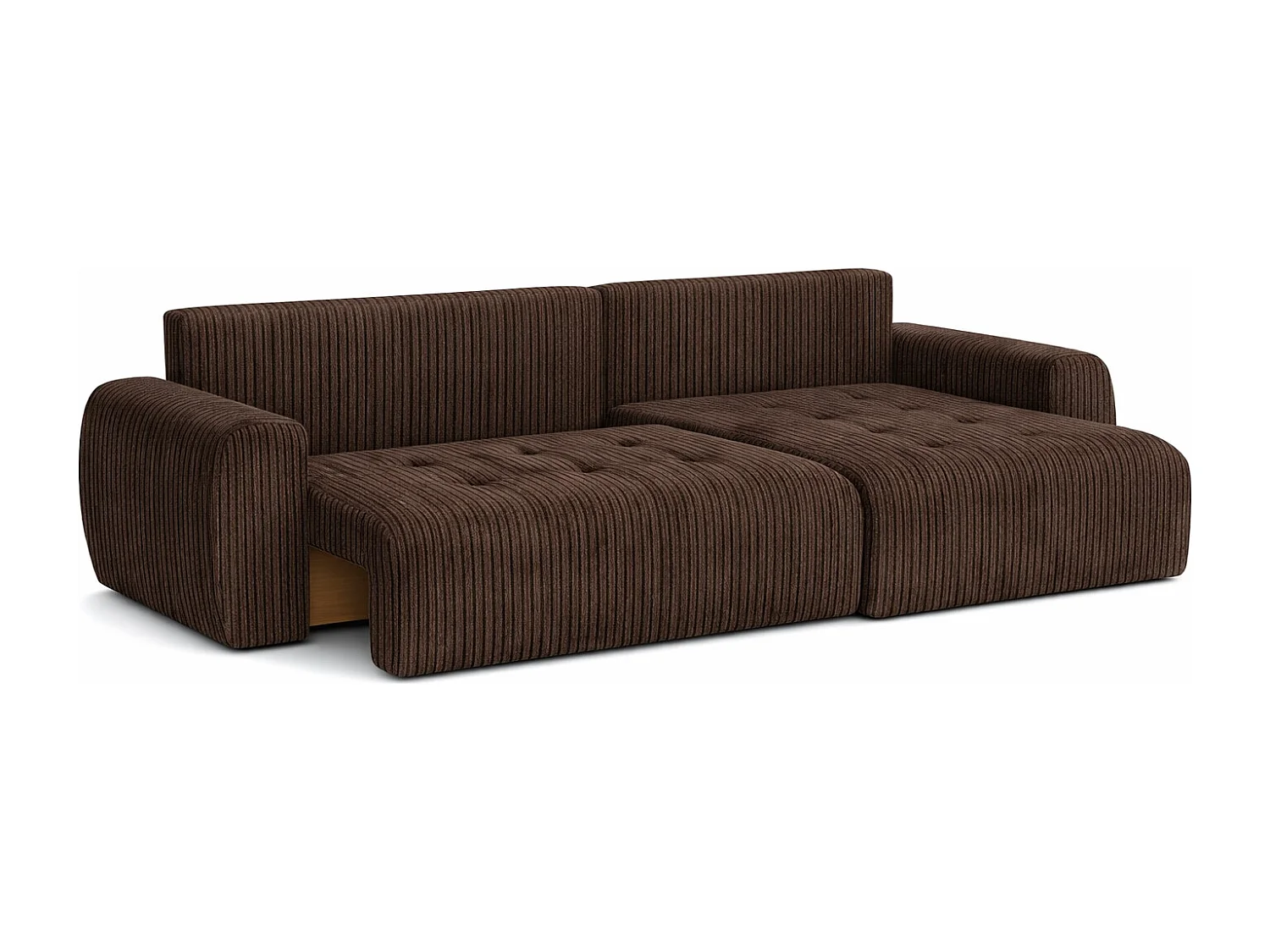 Divano angolare con funzione letto e contenitore a forma di L Ivo XL, tessuto a coste Poso, Marrone, Destra