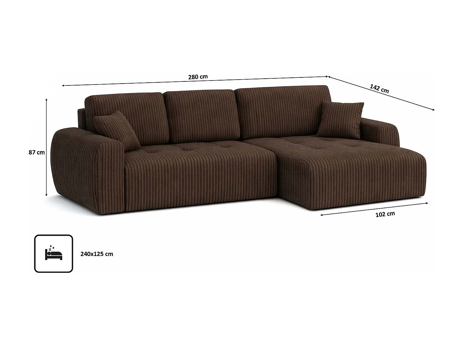 Divano angolare con funzione letto e contenitore a forma di L Ivo XL, tessuto a coste Poso, Marrone, Destra