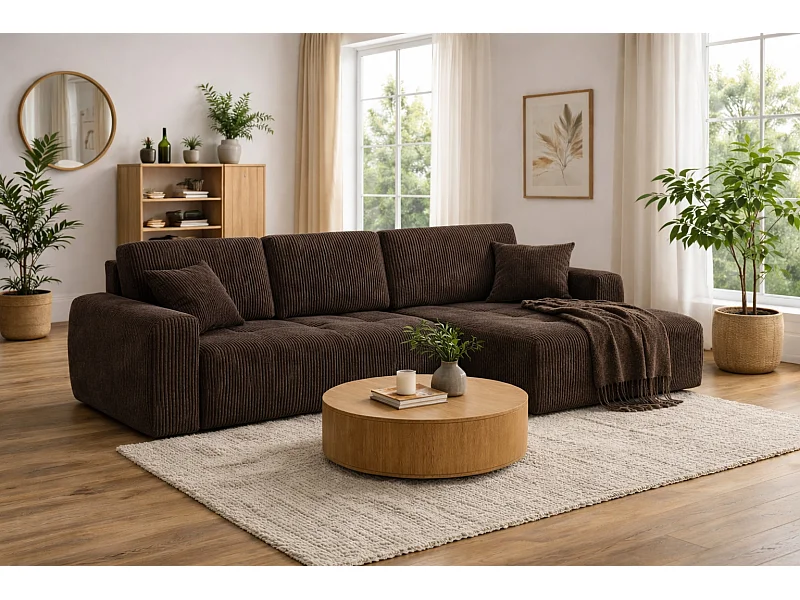 Ecksofa mit Schlaffunktion und Bettkasten L-Form Ivo XL, Cordstoff Poso, Braun, Rechts
