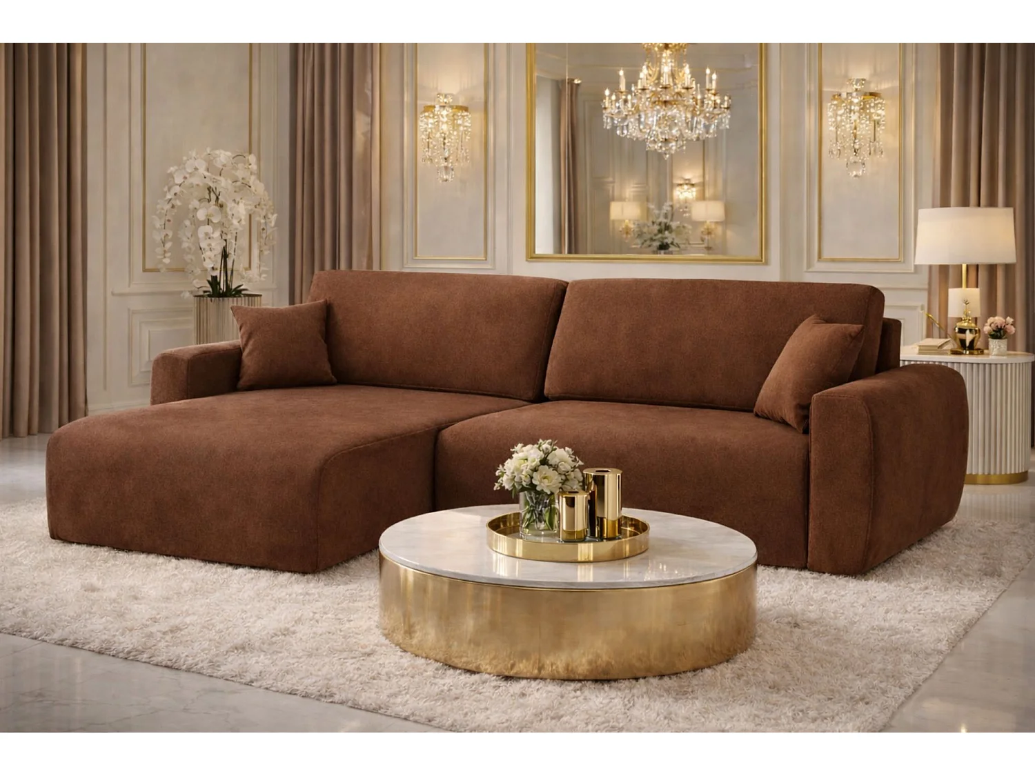 Canapé d'angle convertible avec coffre de rangement Ariel L, velours, tissu Salvador, marron foncé, côté gauche