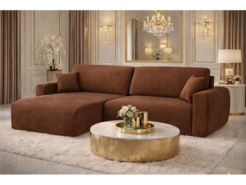 Canapé d'angle convertible avec coffre de rangement Ariel L, velours, tissu Salvador, marron foncé, côté gauche