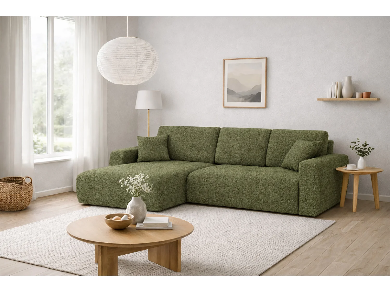 Divano angolare con funzione letto e contenitore a forma di L Ivo XL, tessuto chenille Artico, Moss, Sinistra