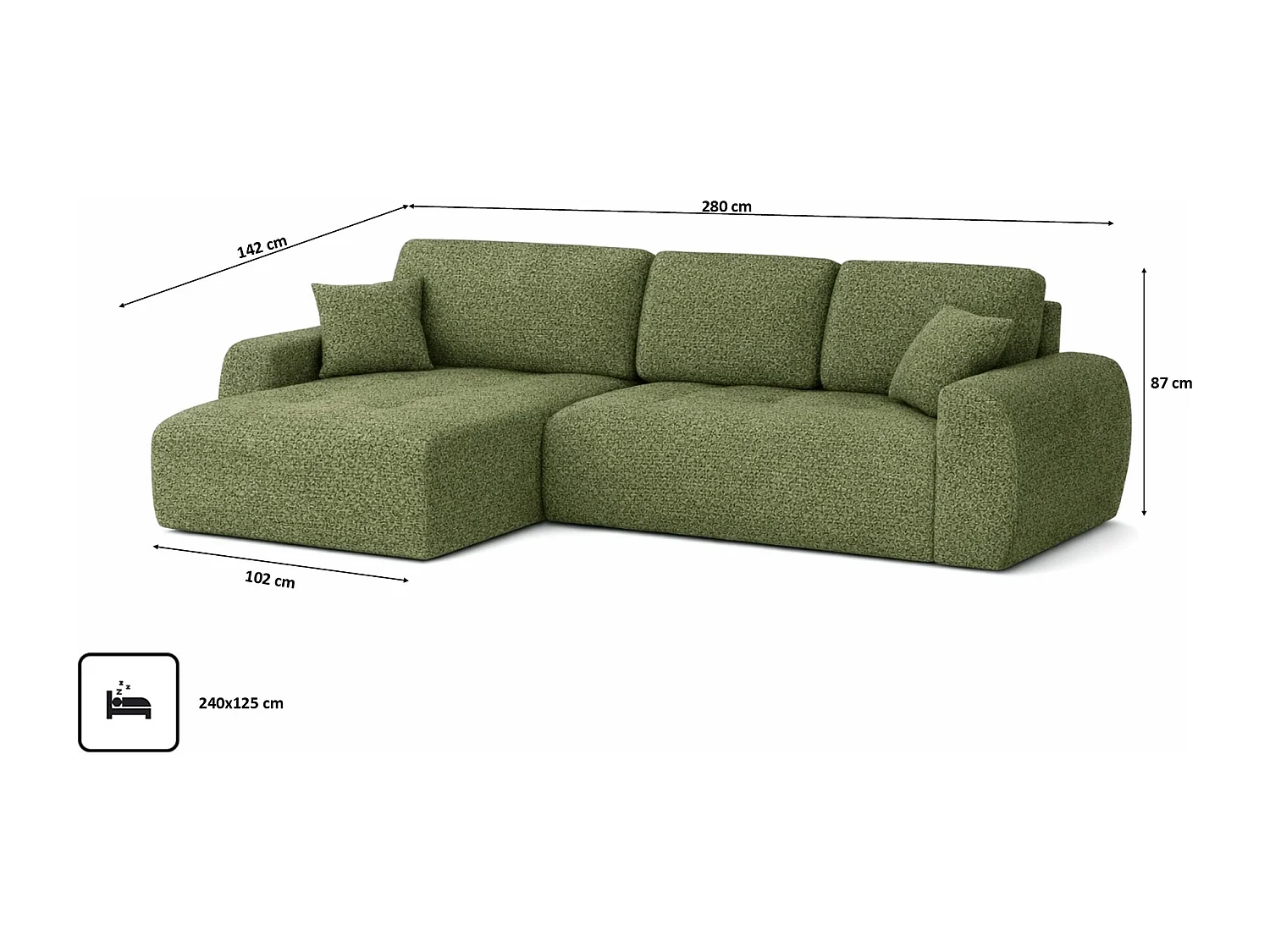 Divano angolare con funzione letto e contenitore a forma di L Ivo XL, tessuto chenille Artico, Moss, Sinistra