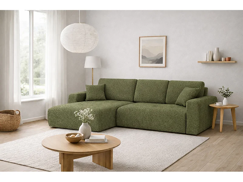Divano angolare con funzione letto e contenitore a forma di L Ivo XL, tessuto chenille Artico, Moss, Sinistra