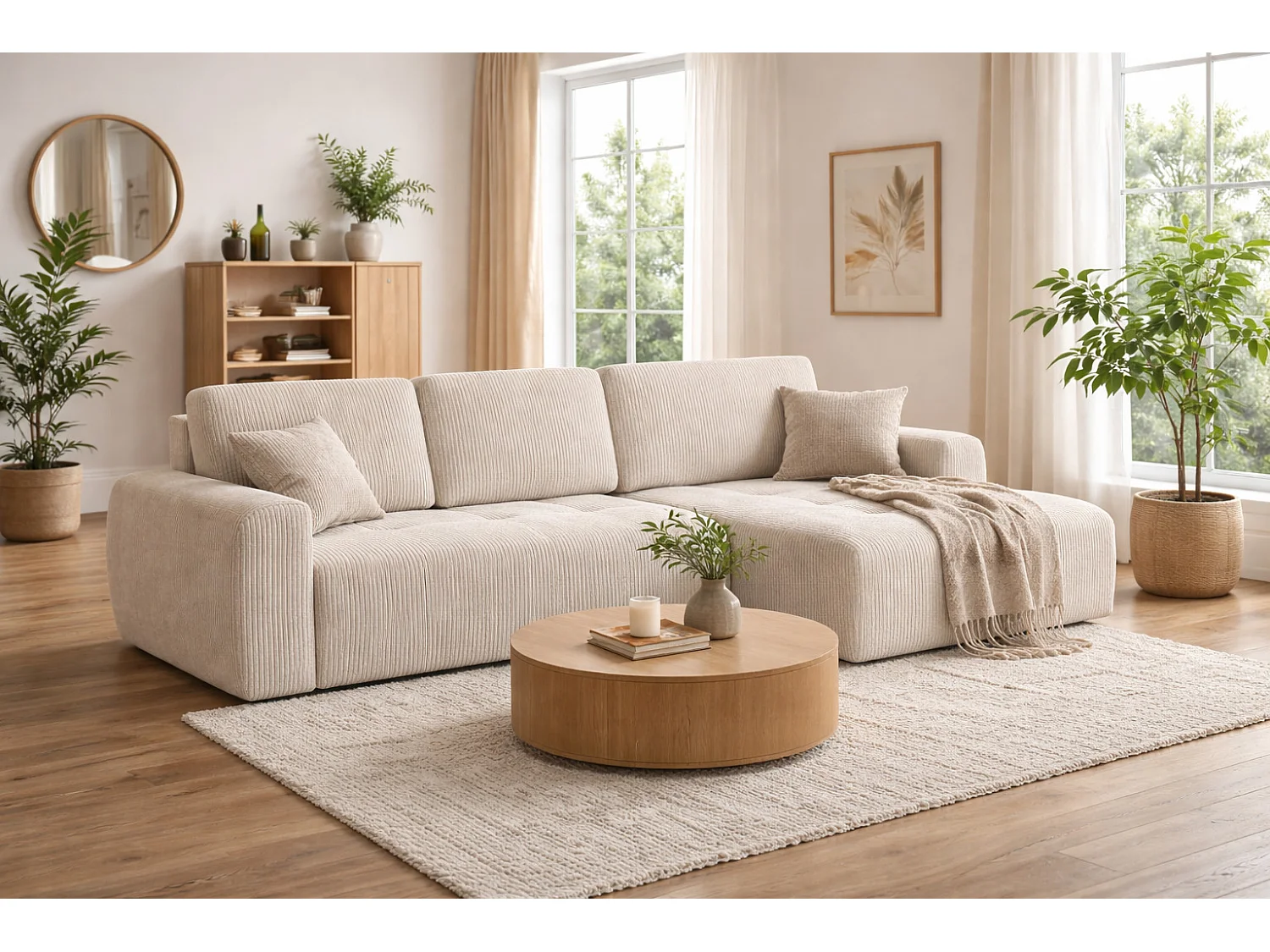 Divano angolare con funzione letto e contenitore a forma di L Ivo XL, tessuto a coste Poso, Beige, Destra